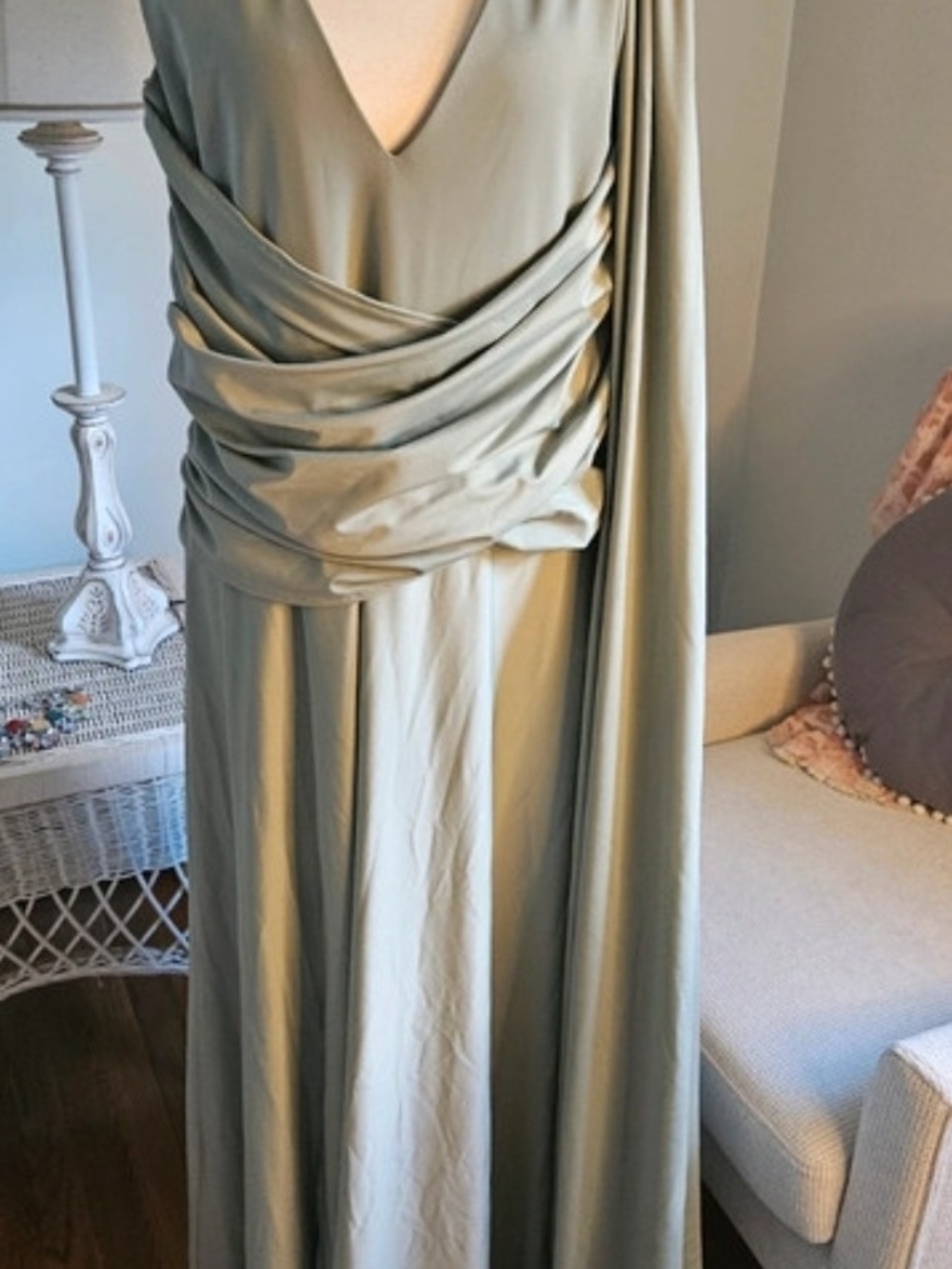 Sage Green Draped V-Neck Wedding Dress With Train.